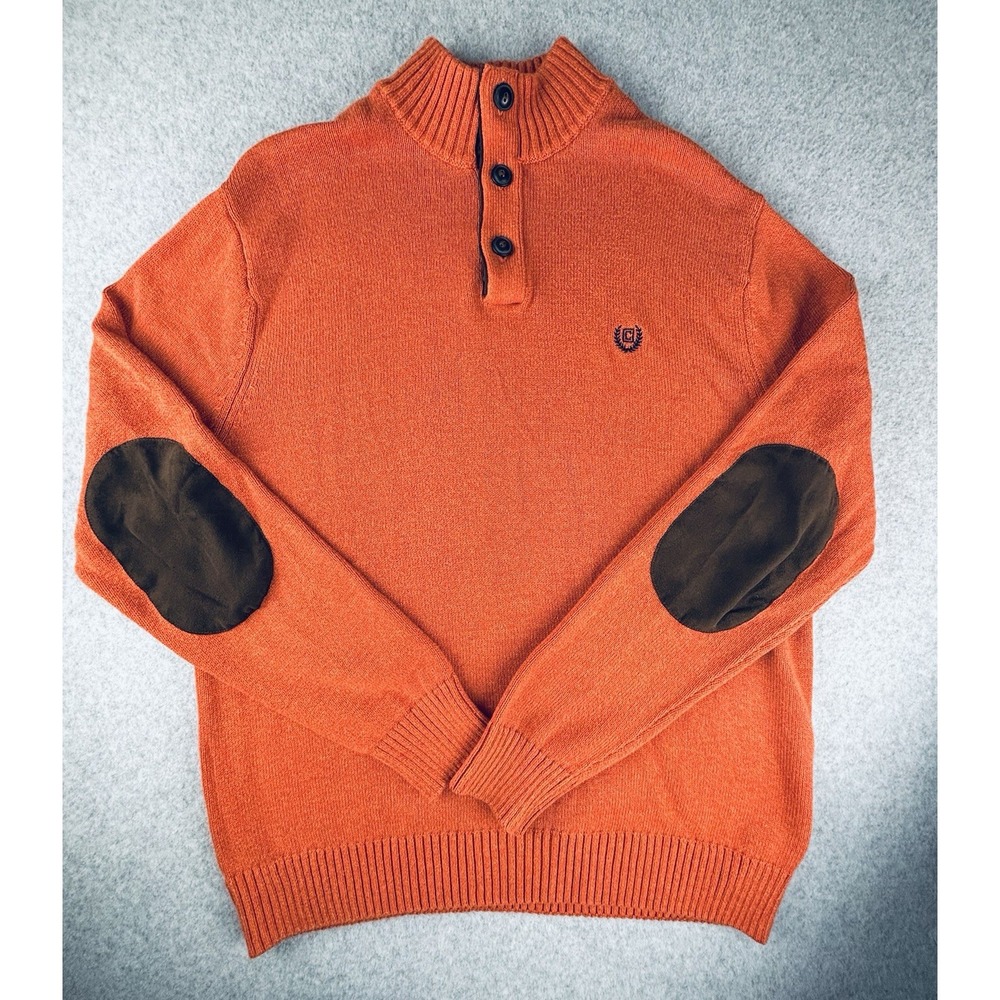 Chaps Men's Mock Neck Sweater 3 Button With‎ Elbow Patches Orange Cotton Large